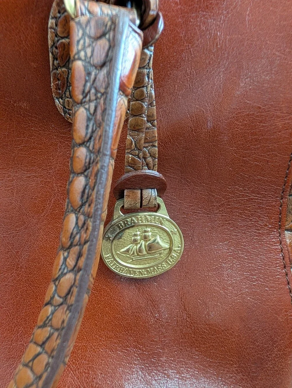 Brahmin Tuscan Collection Satchel Carmel Embossed Croc
